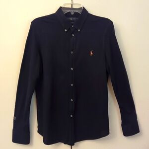Ralph Lauren Button Down Oxford Knit Shirt, Navy, Size XL